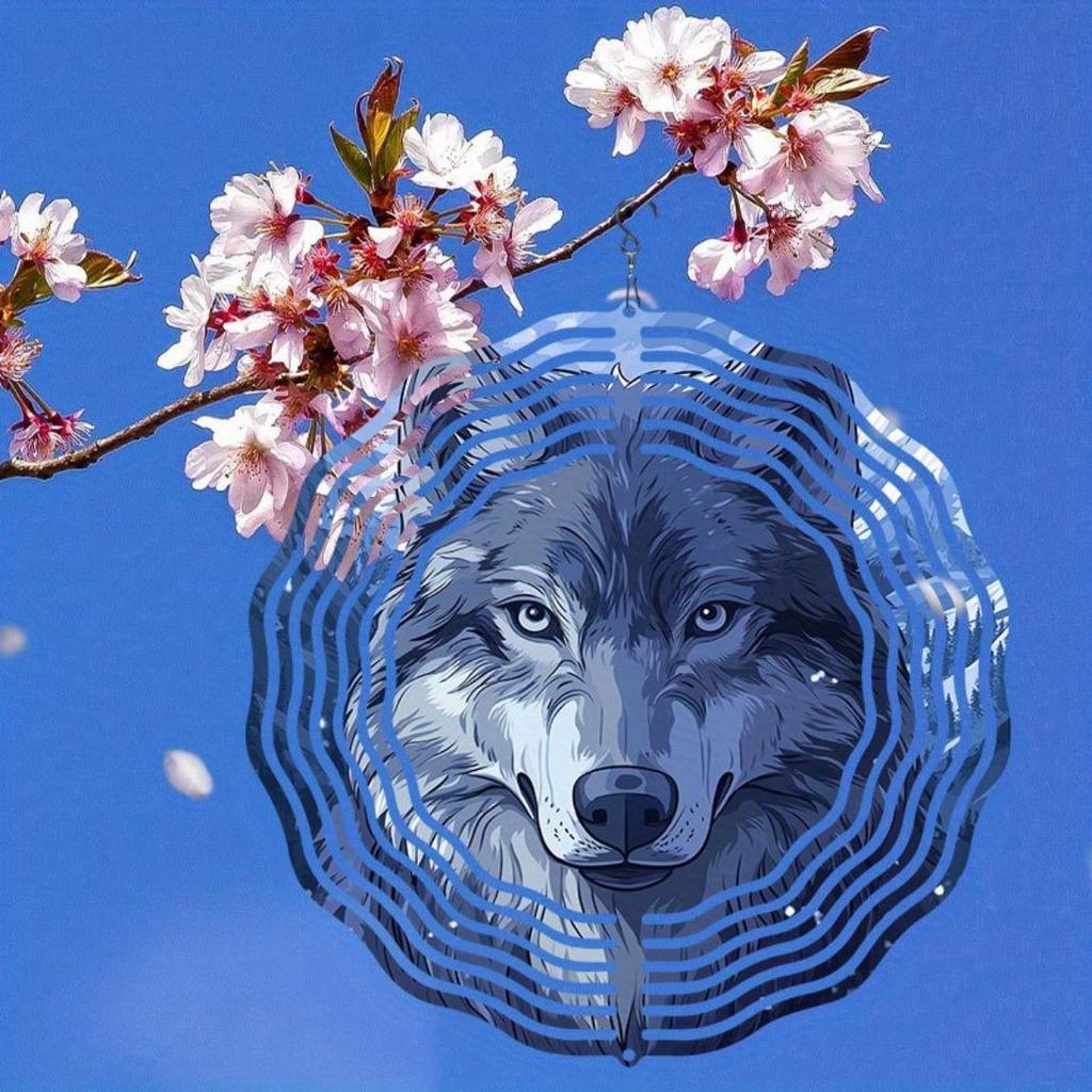 Bergwolf 2D Kinetische Windspiel - Metall-Wandkunst für den Außenbereich mit 360° drehbarem Haken, Bunte reflektierende Dekoration für die Terrasse