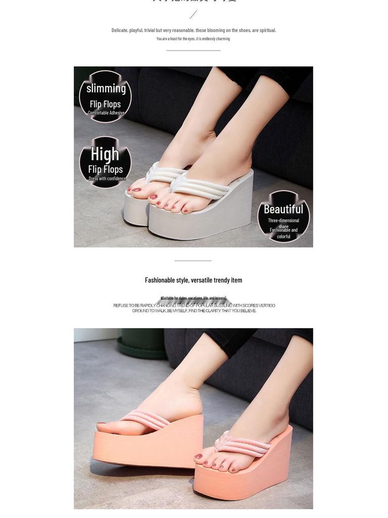 Women's 11cm High Heel Flip Flops with Thick Rubber Sole – Non-Slip Beach Sandals