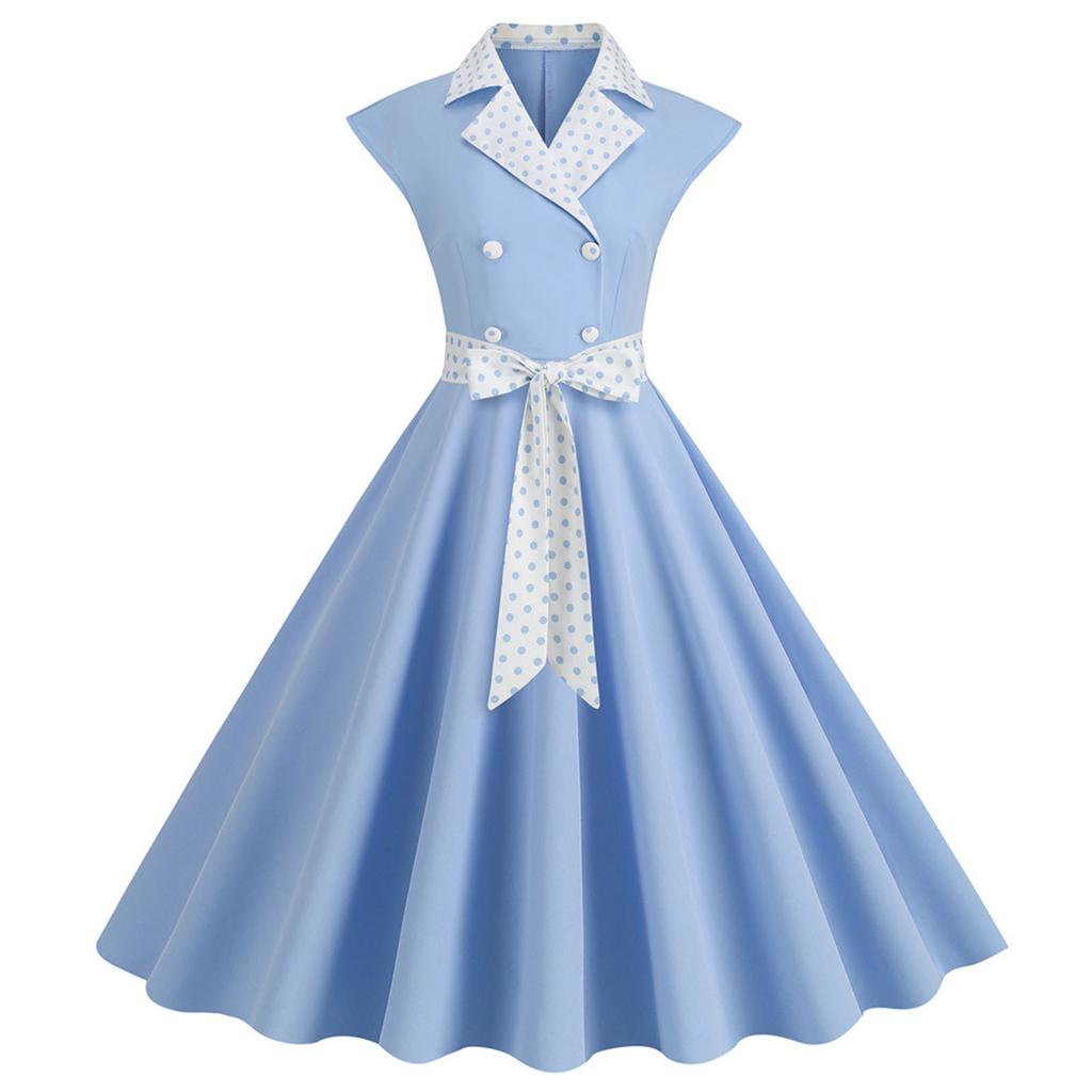 Women's Fashionable Suit Collar Polka Dot Casual Solid Color Large Swing Dress with Belt