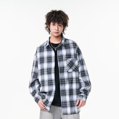Neues japanisches mittellanges Hemd für den Frühling für Herrenmode-Trend, lässiges Karomusterhemd