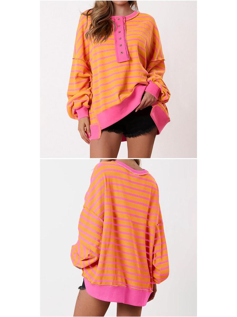 Color Block Long Sleeve Striped Button-Up Casual Sweater for Women - Autumn/Winter