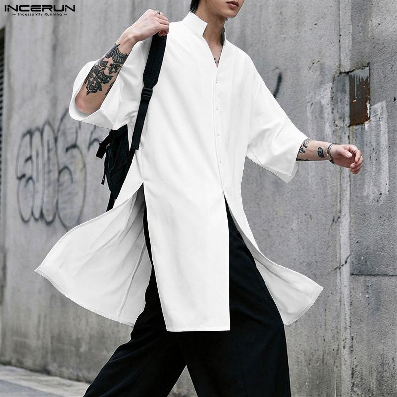 INCERUN Summer Men Stand V Neck Short Sleeve Splits Casual Long Shirts