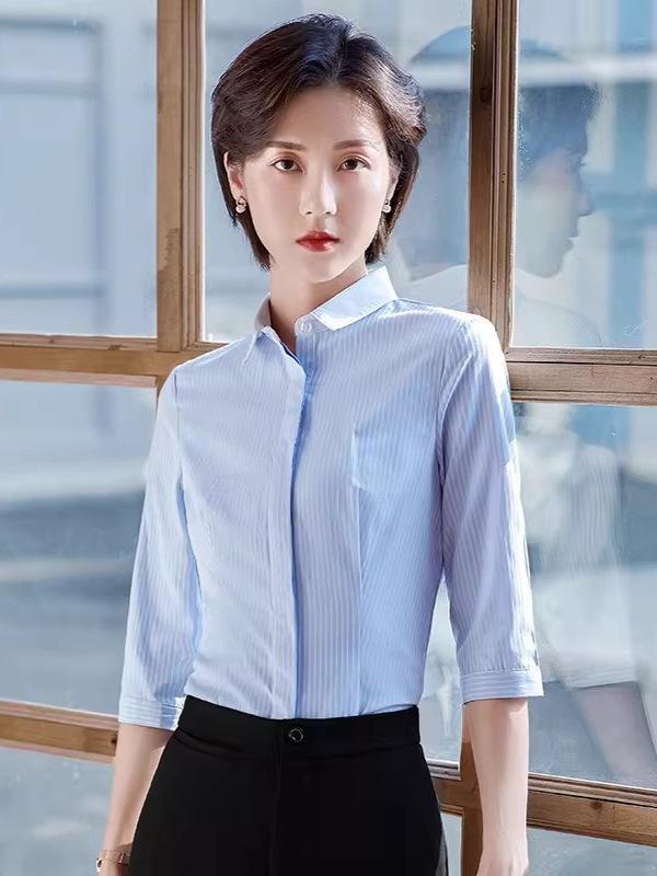 Women's Blue Striped Slim-Fit Work Shirt with Mid-Length Sleeves for Spring/Summer