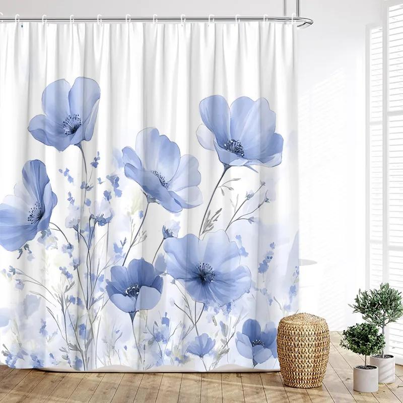 Rideau de douche floral coloré Fleurs et feuilles à l'aquarelle Rideau de bain moderne minimaliste Tissu polyester Décor de salle de bain avec anneaux