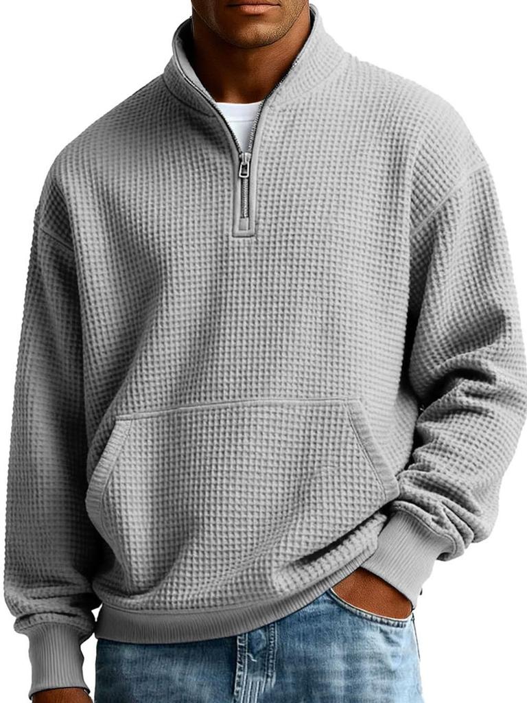 Men's American-Style Zipper Waffle Knit Hoodie - Solid Color, Loose Fit