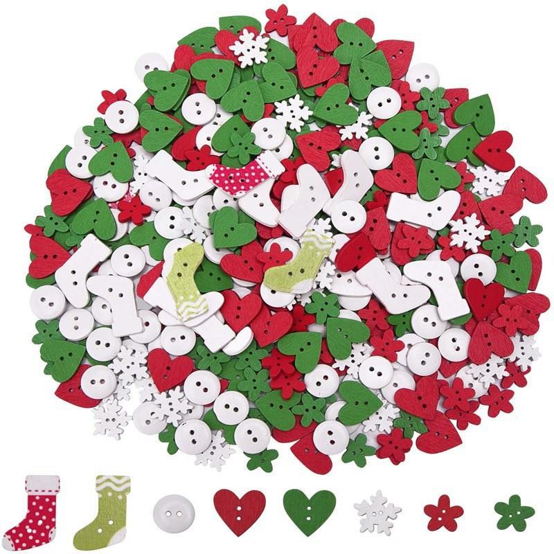 Christmas Tree & Elk Wood Decorative DIY Buttons Set: Printed Gloves & Colorful Designs