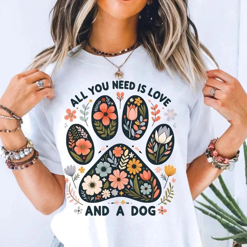 Floral Paw Print Dog Lover T-Shirt Animal Rescue Gift S