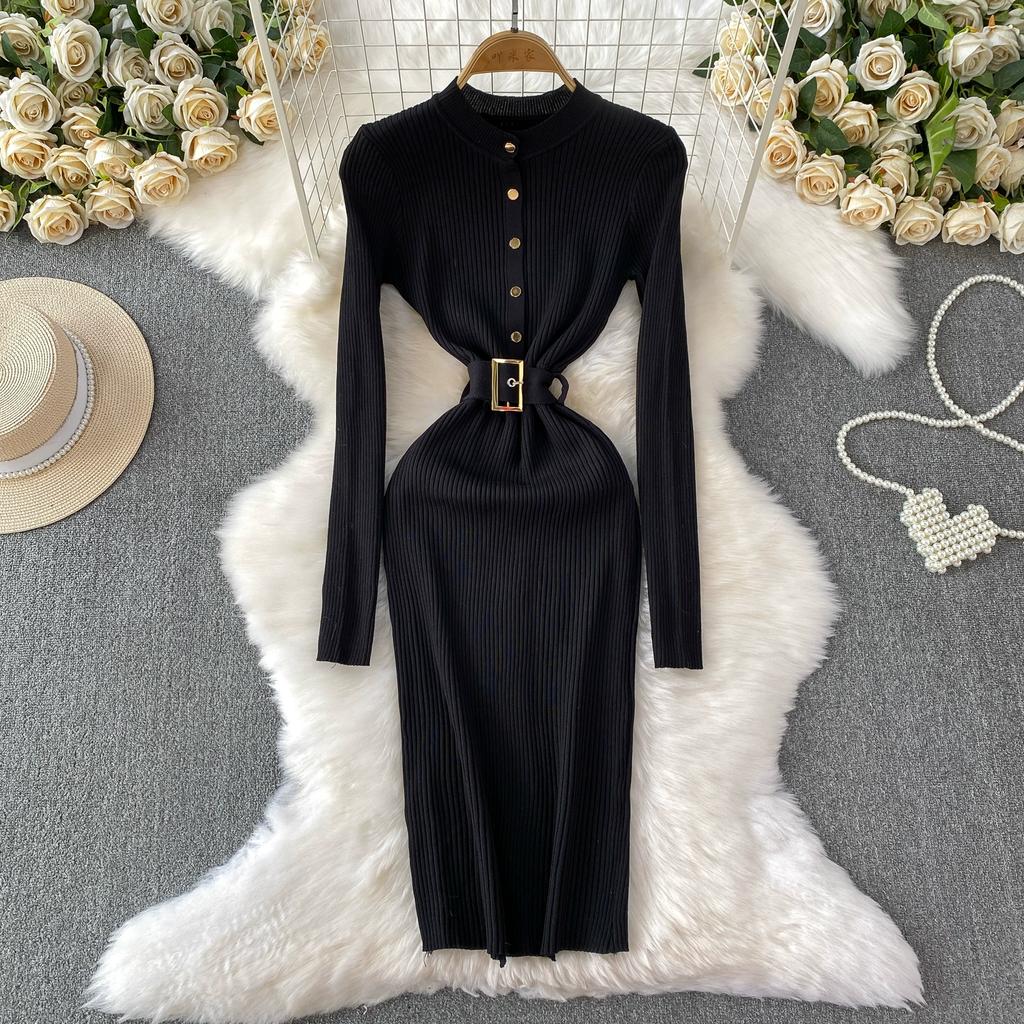 Spring Autumn Women Full Sleeve Knitted Sweater Office Work Slim Bodycon Pencil Dresses with Belt