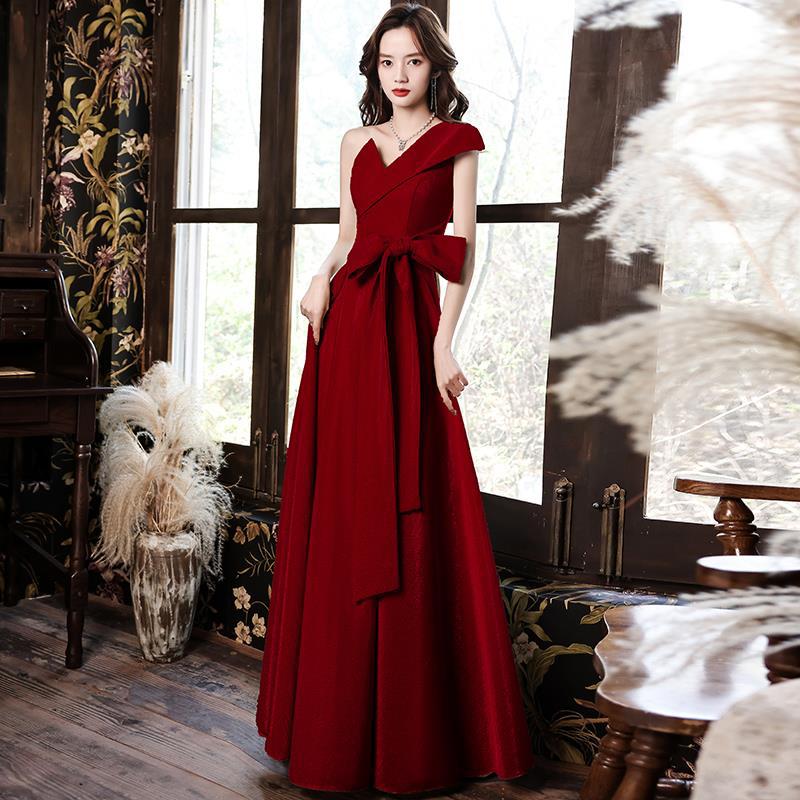 Toast Dress Bridal Burgundy Summer One-shoulder Style Long Dress Order Wedding Return Thank You Dinner Dress Dress