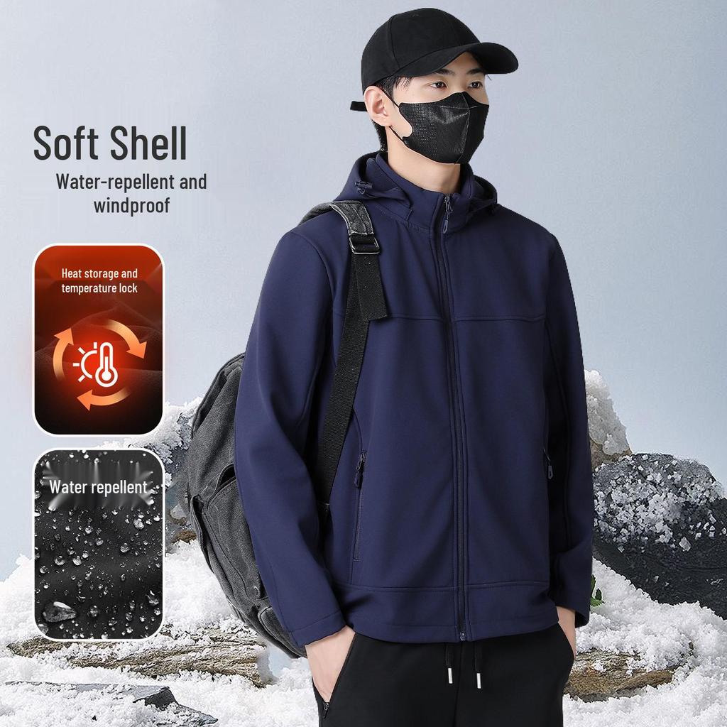 Men's 2025 Three-Proof Fleece-Lined Softshell Jacket with Detachable Hood - Windproof & Waterproof.