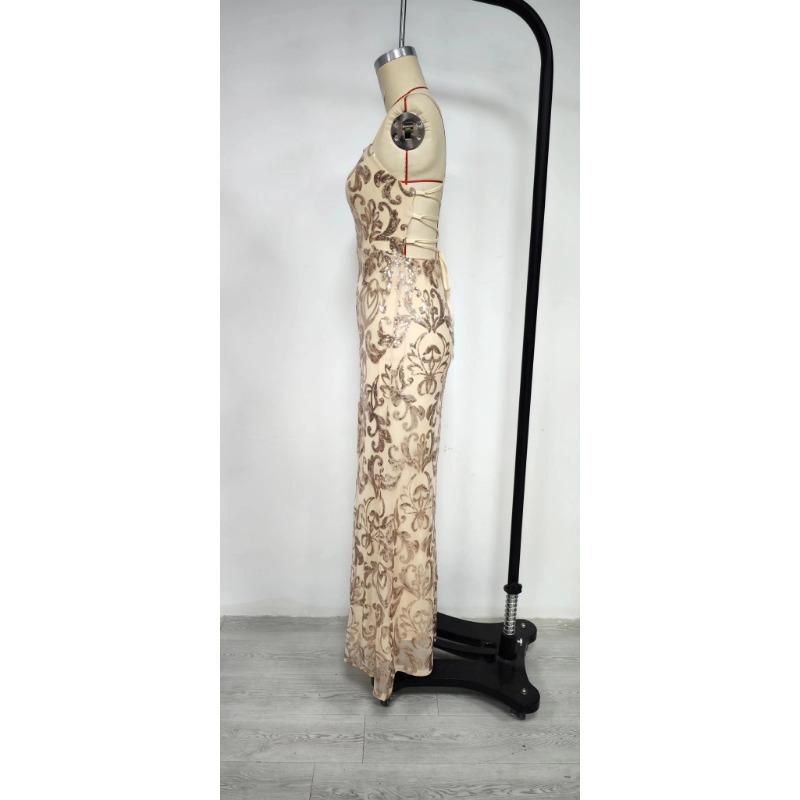 Women Sexy Off Shoulder Sequin Slit Floor Length Evening Party Gown