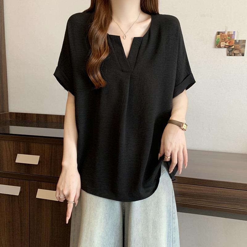 Women Casual V Neck Short Sleeve Loose Fit Solid Color Blouse