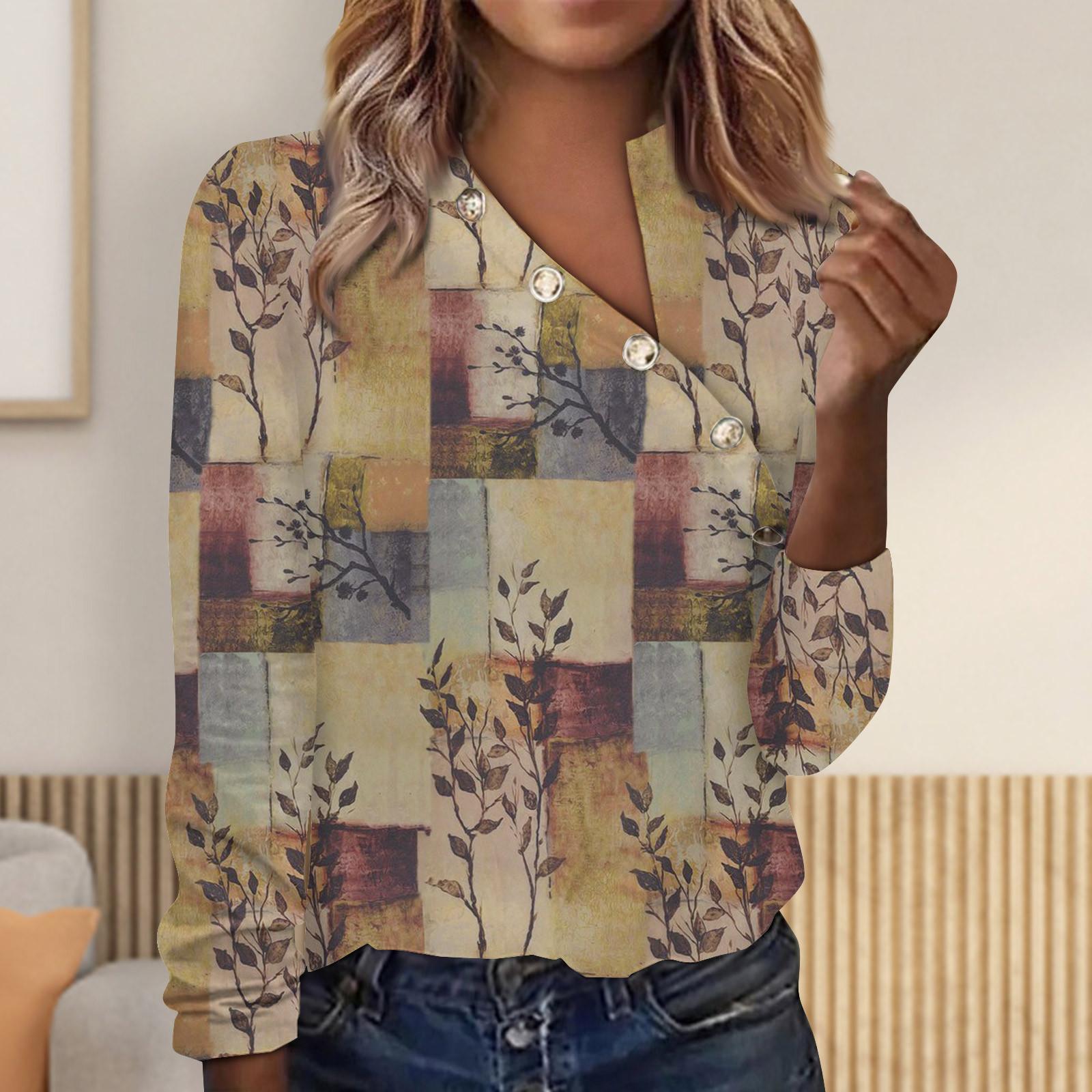 

Женские рубашки, повседневная модная футболка с нестандартным вырезом на пуговицах, модная одежда с v-образным вырезом и принтом, туника, футболка, пуловер