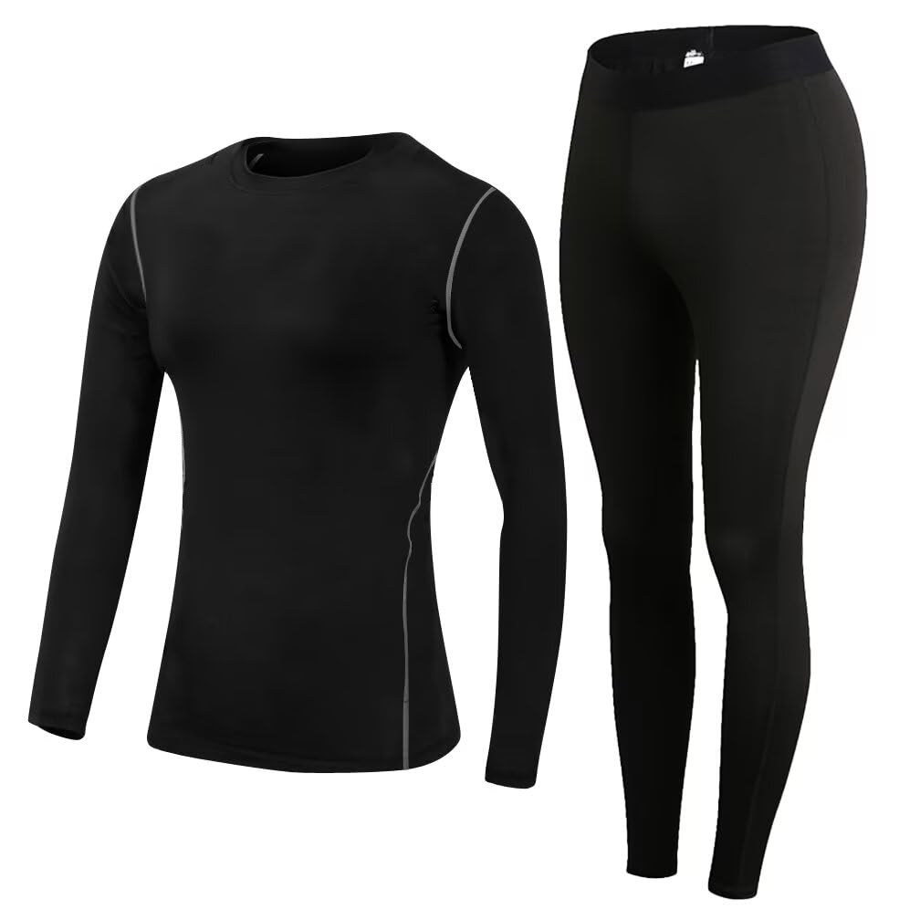 Muxuryee Compression Sports Underwear Top and Training Large Women's Set, Bottoms, Leggings, Warm, Sweat-Wicking, Quick-Drying, 2019+2020, Black,