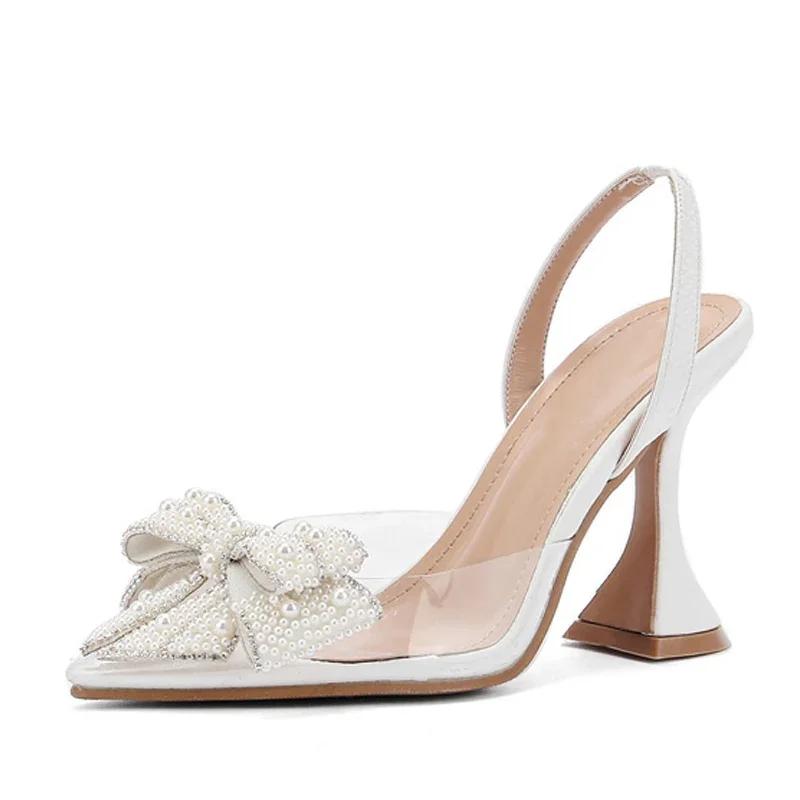 Luxury Designer White Pearl Bowknot Women Pumps Sexy Pointed Toe High Heels Wedding Prom Shoe PVC Transparent Heeled Sandals