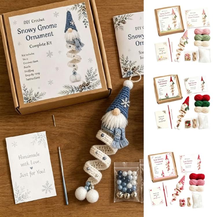 Crochet Dwarf Set with Printed Instructions and Knitting Supplies, Hanging Ornament Making Set for Shelf or Tree Decoration