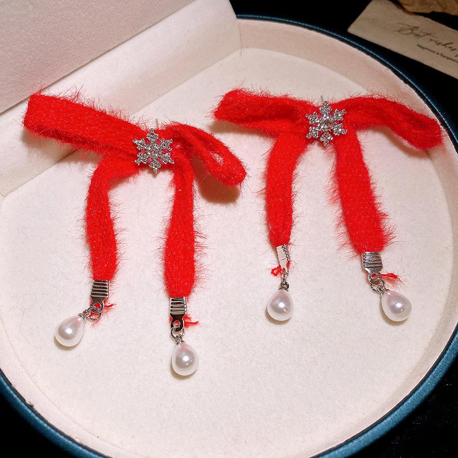 Silver Needle Snowflake Pearl Tassel Earrings - Elegant, High-End Bow Studs