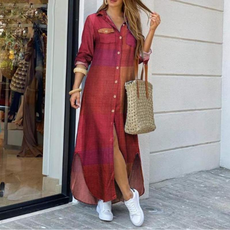 Moda Primavera e Autunno EastRogue Camicia Sexy Monopetto Gonna Lunga Abito Ampio con Revers