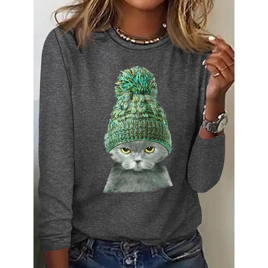 Rundhals 3D-bedrucktes Katzenmuster Top Modische Lässige Langarm Damen T-Shirts