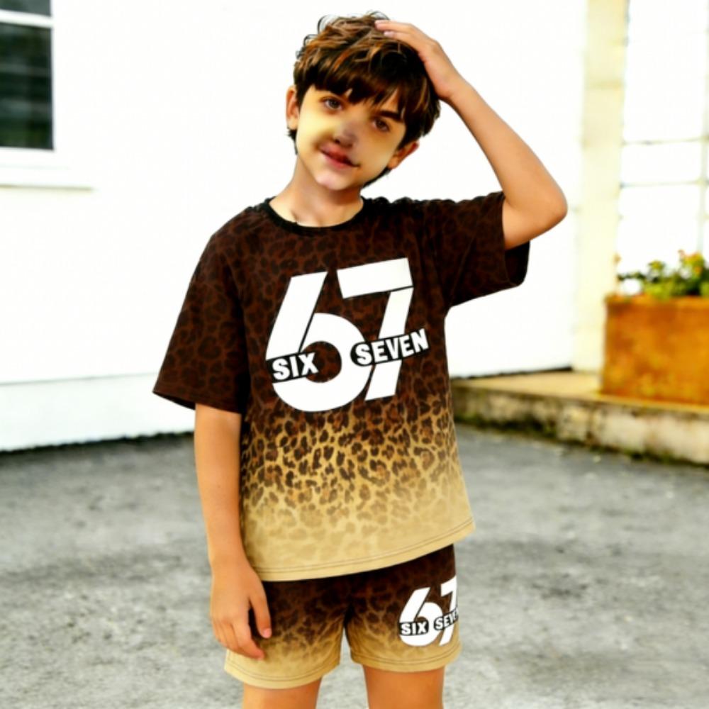 Fashion Leopard 67 Gradient Printed Men's T-shirt and Shorts 2 Piece Set Summer Casual Outfit for Men's and Women's Clothing Top