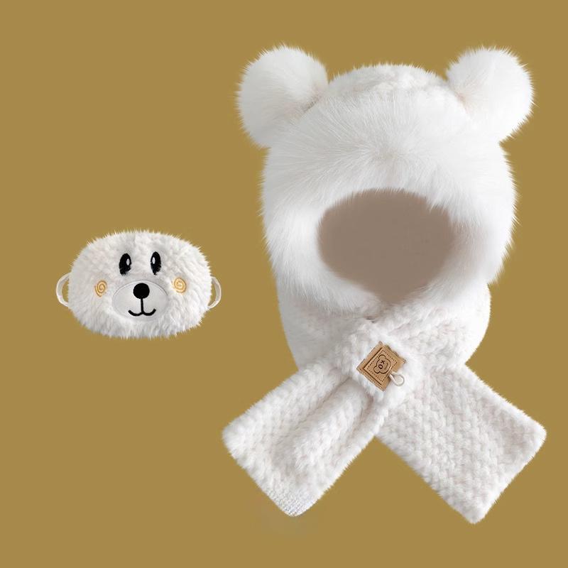 Bear Hat Scarf Integrated Women's Autumn and Winter Riding Cold Scarf Warm Ear Protection Cute Plush Gloves Mask
