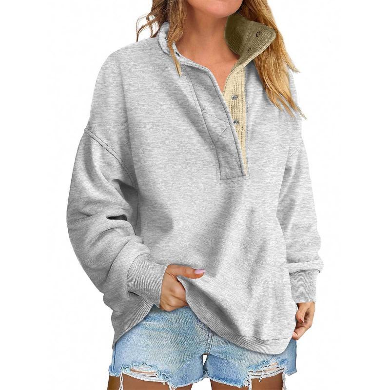Women European Style Casual Loose Button V Neck Long Sleeve Pullover Sweatshirt