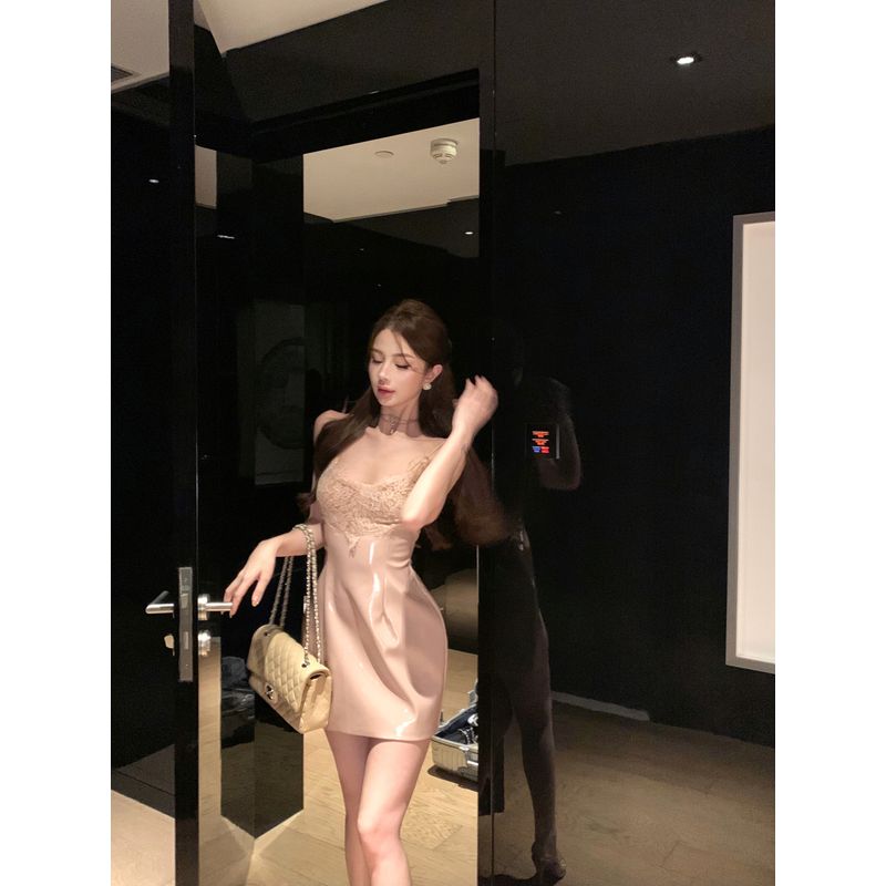 Kumikumi Pure Desire Style Sexy Lace Splicing Sling Dress Women's Autumn Chic Slimming Youthful-Looking Short Skirt