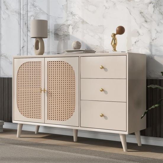 TV Desk Spacious Countertop with 3 Drawers 2 Doors Hutch Cabinet Ergonomic Handle Living Room Home Sideboard Dining Furniture Kitchen