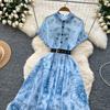 Kobiety Różowa Długa Sukienka Letnia Francuska Retro Krótki Rękaw Drukowane Sukienki Imprezowe Damskie Wąskie A-line Elegancka Długa Suknia Vestidos