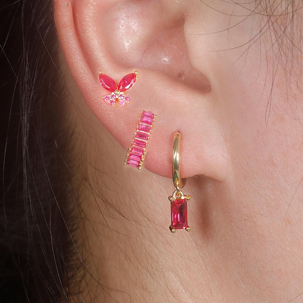 3PCS Gold Color Crystal Square Hoop Earrings Set For Women Butterfly Pendant Cartilage Tragus Helix Ear Stud Fashion Jewelry