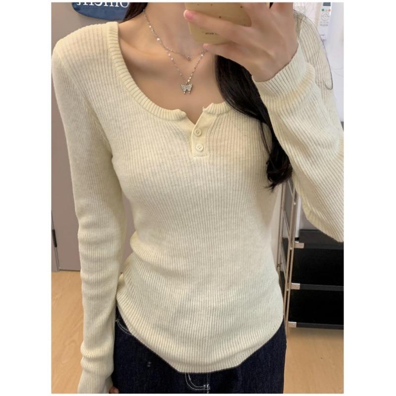 Button semi-open neck slim-fitting thin knitted long-sleeved women's spring inner cover Spice girl slim bottoming shirt Basic top