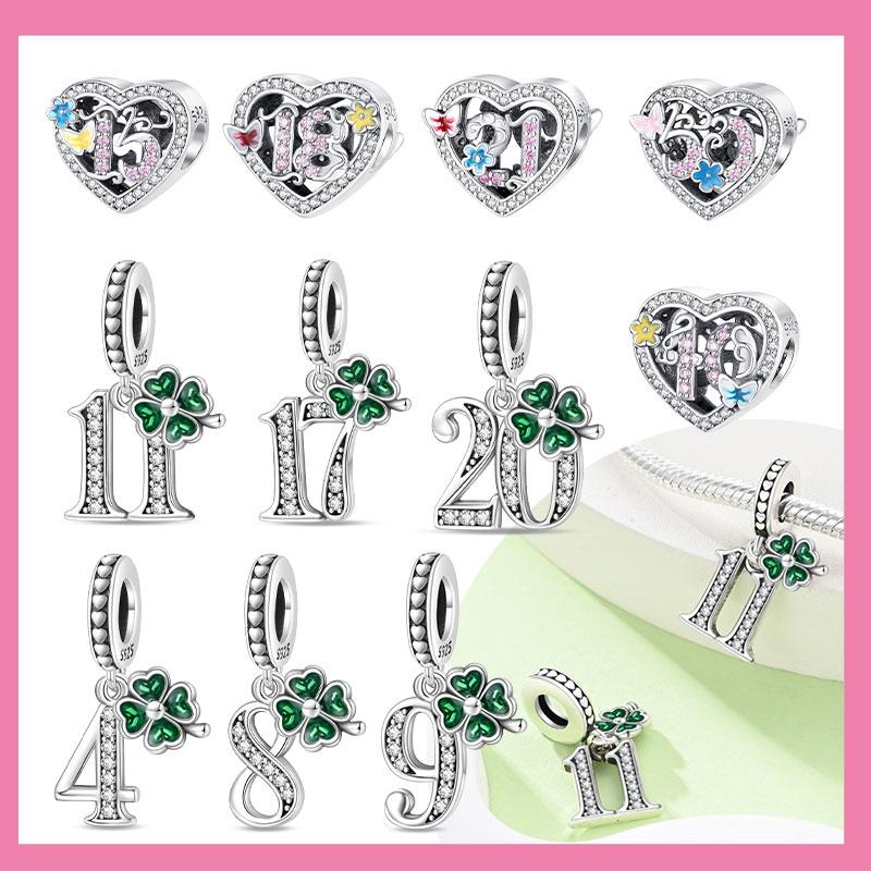 Copper Heart-Shaped Charms Lucky Number Beads Four-Leaf Clover Pendants Fit Original Bracelet Necklace Fine Diy Jewelry