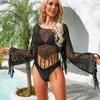 Summer Women's Plus Size Cover-Ups Fringe Irregular Bikini Beach Shirt Hollow Out Knit Sunscreen Cover Up