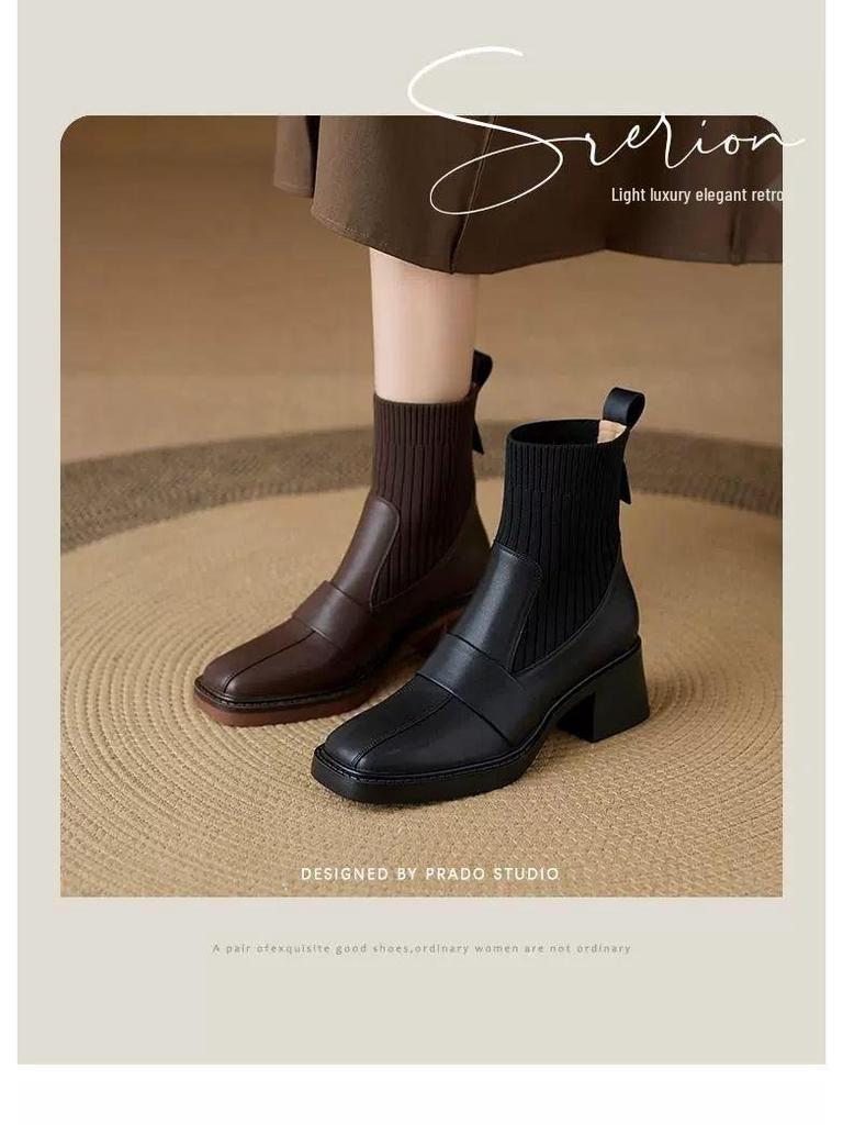Women's Chunky Heel Knitted Short Boots 2025: Versatile Slim Fit British Style High Heel Martin Elastic Sock Boots for Autumn/Winter
