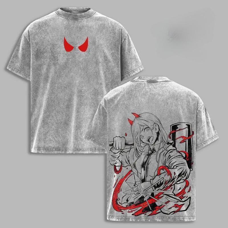 

Anime Chainsaw Man Power Printed Tee Men Women Washed Cotton T-shirts Short Sleeve Vintage T Shirt Harajuku Oversized Tshirt XXL серый