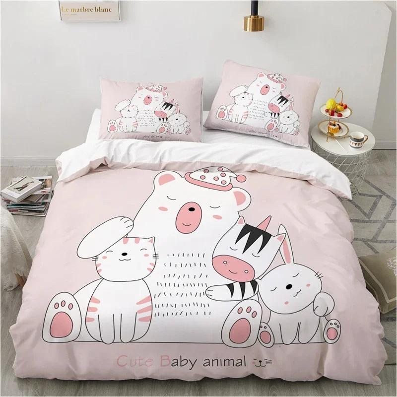 Cute Cartoon Animals Pink Toddler Bedding Set 3D Funny Cat Print Duvet Cover Twin Queen Size For Teens Kids Girls Bedroom Decor
