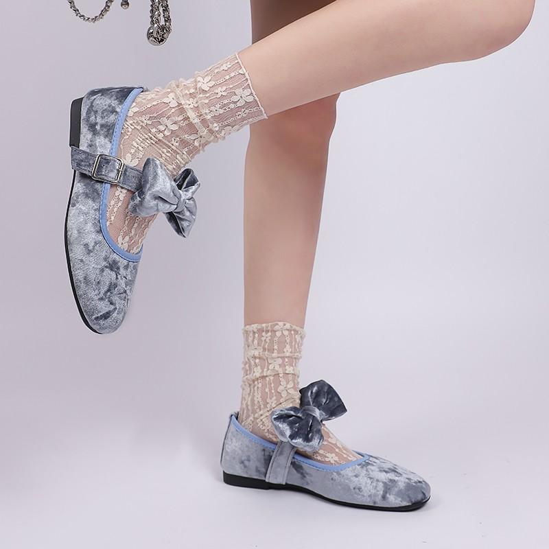 Fashion Summer Flat Single Shoes Women Fashion Round Head Shallow Mouth Flannelette Butterfly Knot Soft Sole Non-slip Cloth Shoes
