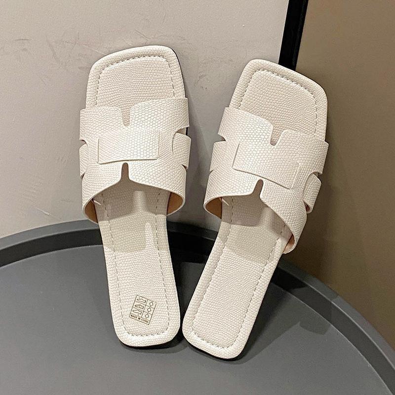 Women's Slippers Summer Square Head Flat Bottom Women's Sandals Lazy Large Size Beach Shoes