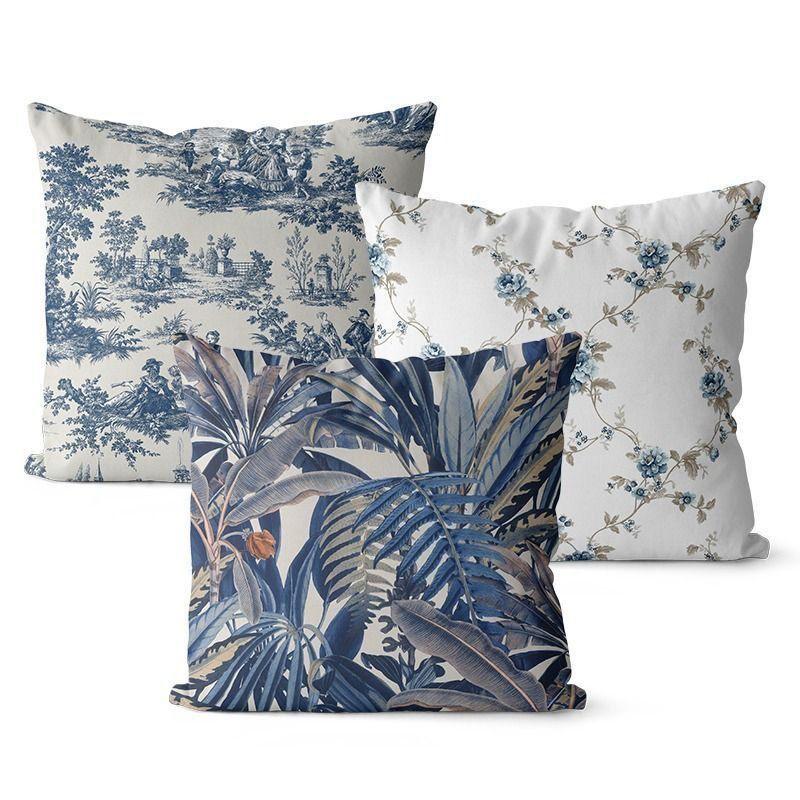 Față de pernă pătrată din poliester cu model retro albastru și alb, husă decorativă pentru pernă de canapea living, față de pernă pentru noptieră dormitor