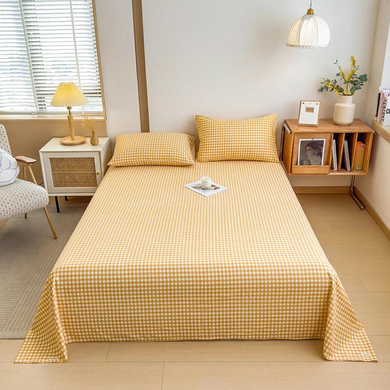 Geometric Plaid Pattern Bed Sheet Set Simple Grid Flat Sheet 100% Cotton Bedding Breathable Durable Sheets with 2 Pillowcases