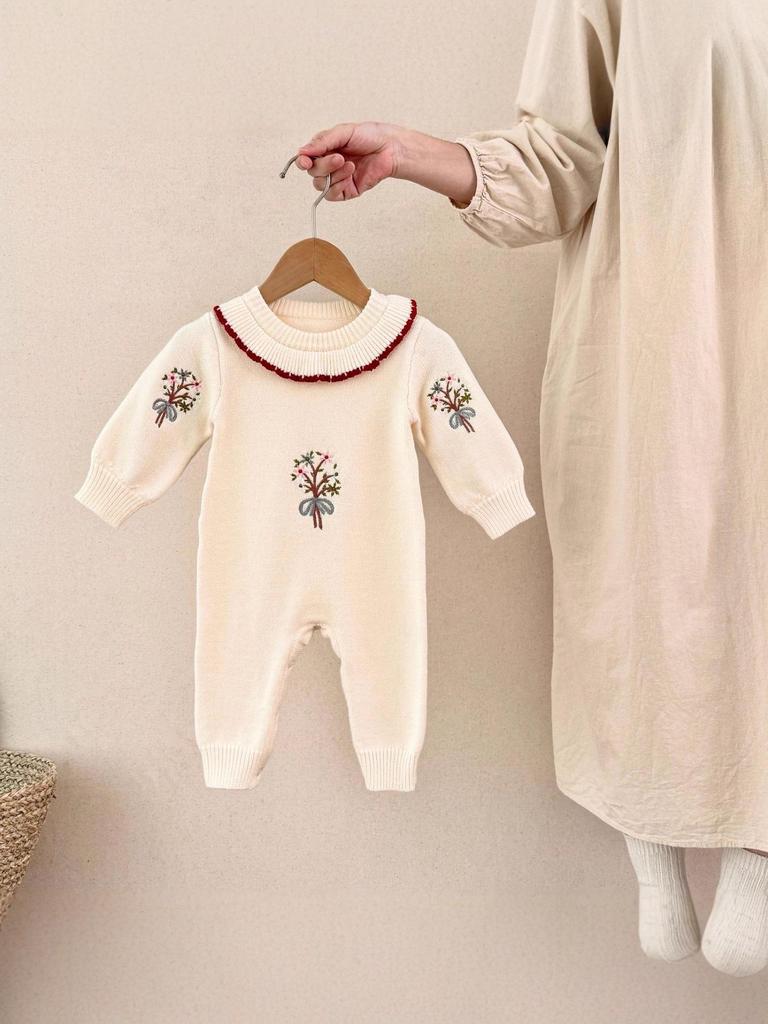 Baby Mädchen Herbst/Winter Strick Strampler Kleid mit Blumenmuster