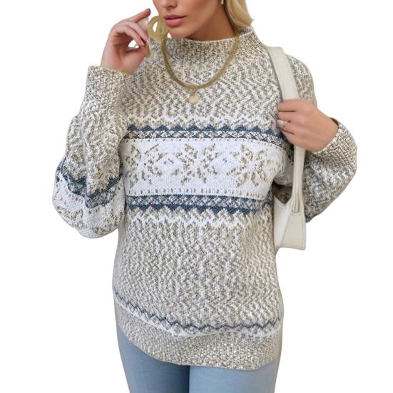 

Зимний женский рождественский свитер с полувысоким воротником, цветной узор в виде снежинок, длинный рукав, трикотаж, толстый теплый новогодний свитер M абрикосовый