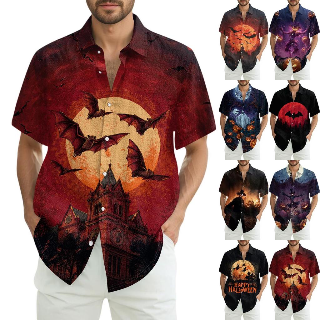 Men's Fashion Casual Loose Halloween Printed Short Sleeve Shirt