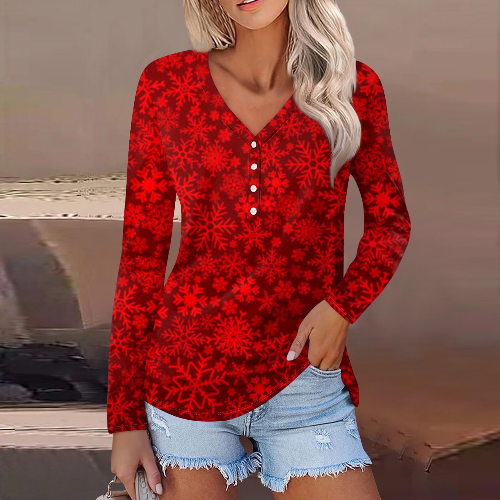 

Женская повседневная мода сексуальный комфорт рождественский принт V-образный вырез пуговицы длинный рукав XXXL киноварь