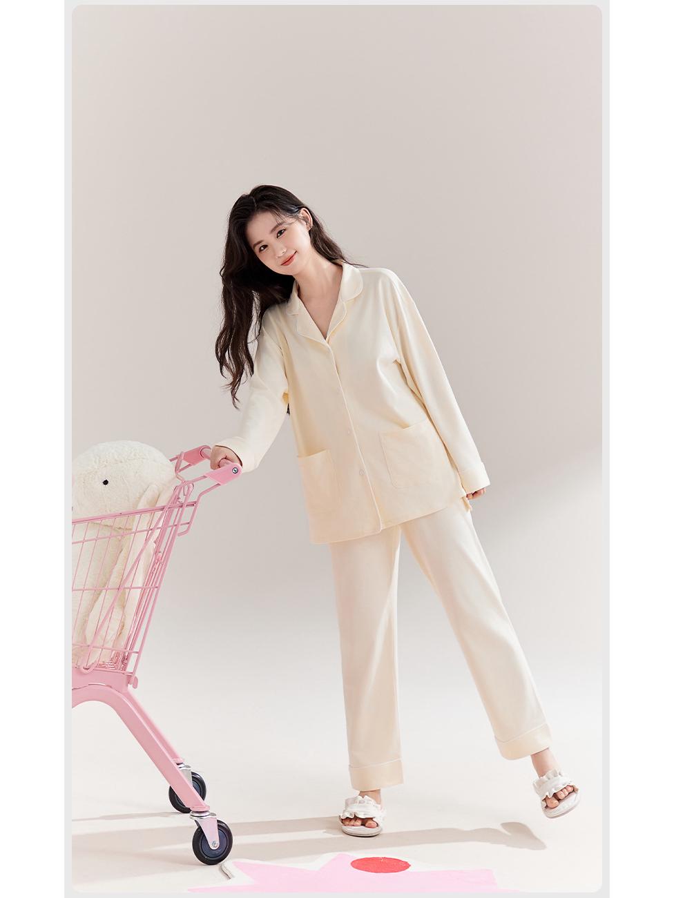 

Женский антибактериальный пижамный комплект 7A из чистого хлопка, с длинным рукавом и брюками для весны/осени, домашняя одежда класса А Extra Large светло-желтого