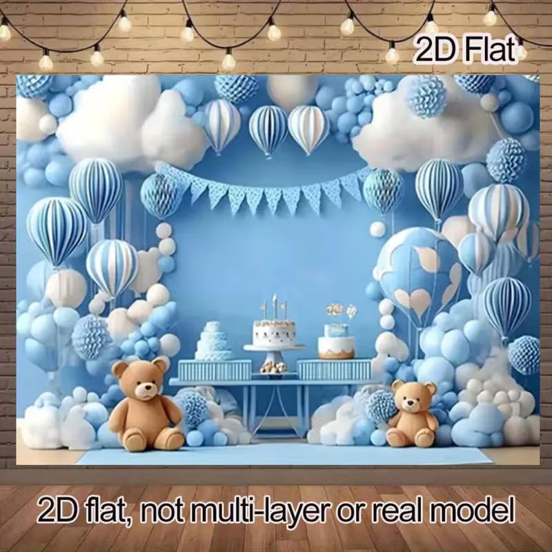 2D Teddy Bear Hot Air Balloon Backdrop for Newborn Photography