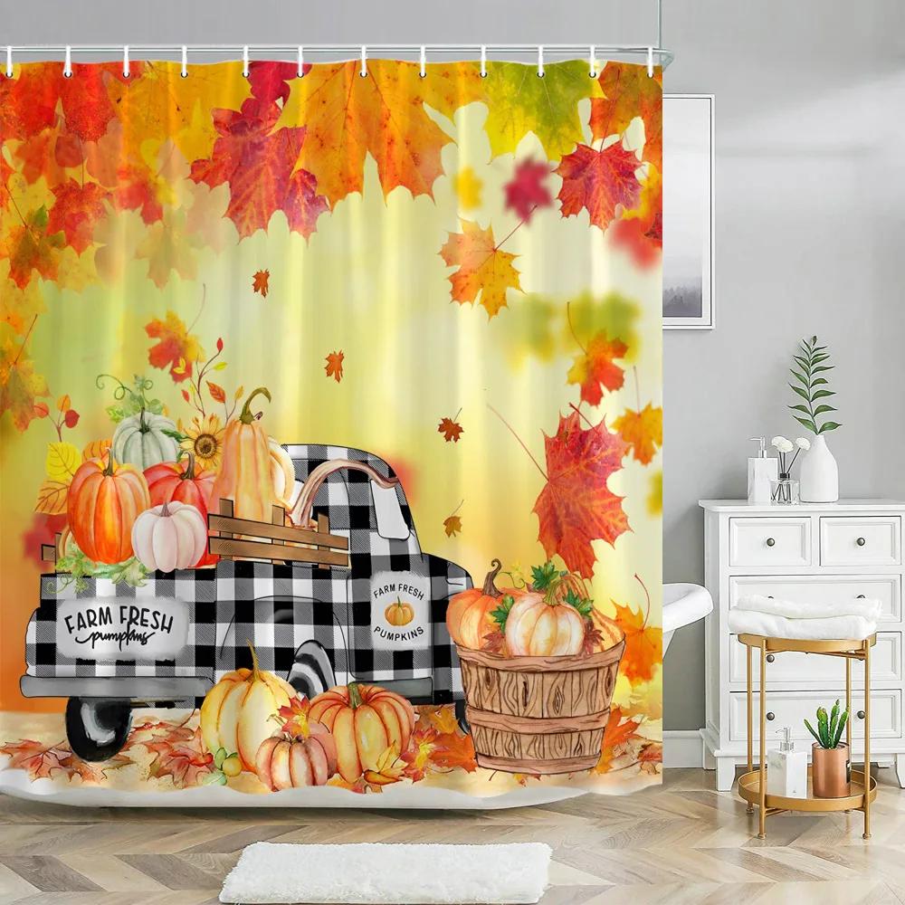 Fall Pumpkin Floral Bathroom Shower Curtain Funny Gnomes Fall Falling Maple Leaves Bathroom Decor Shower Curtain with Hooks W90XH180cm