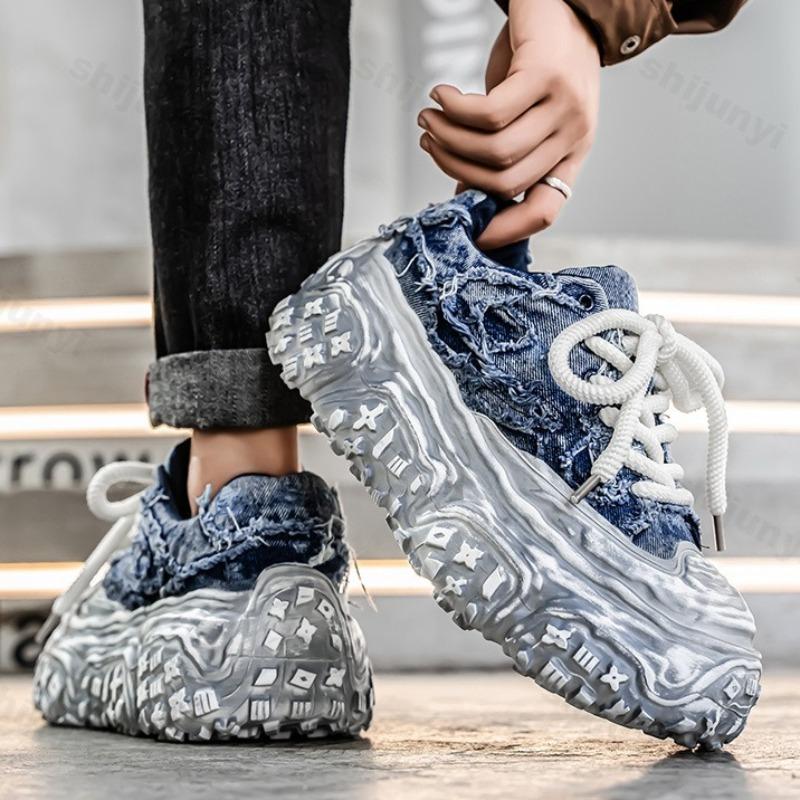 Fashion Niche Denim Patchwork Design Breathable Casual Shoes Men 2025 Spring Fashion Trend Thick Soled Shoes Comfortable Chunky sneakers