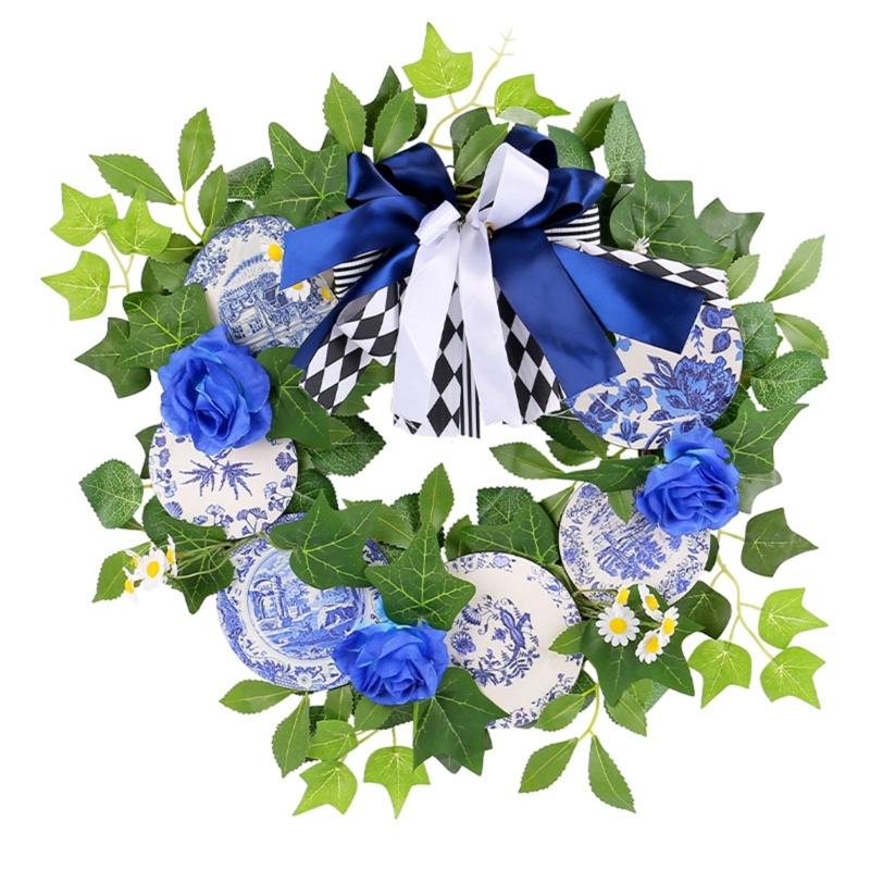 

Wooden Plaques Blue and White Porcelain Pattern Wreath Outdoor Courtyard Party Decorations Garlands for Wall Door Window 1