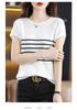 Women's Spring 2024 Cotton Striped Knitwear T-Shirt - Short Sleeve, Round Neck